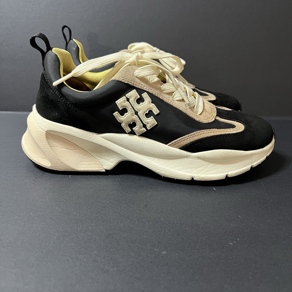 TORY BURCH Good Luck Trainer Sneakers Womens Size 7 Black Suede Tan Yellow 83833